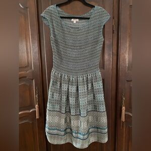 MSRP super light cap sleeved accordion pleated dress teal ivory & black L EUC